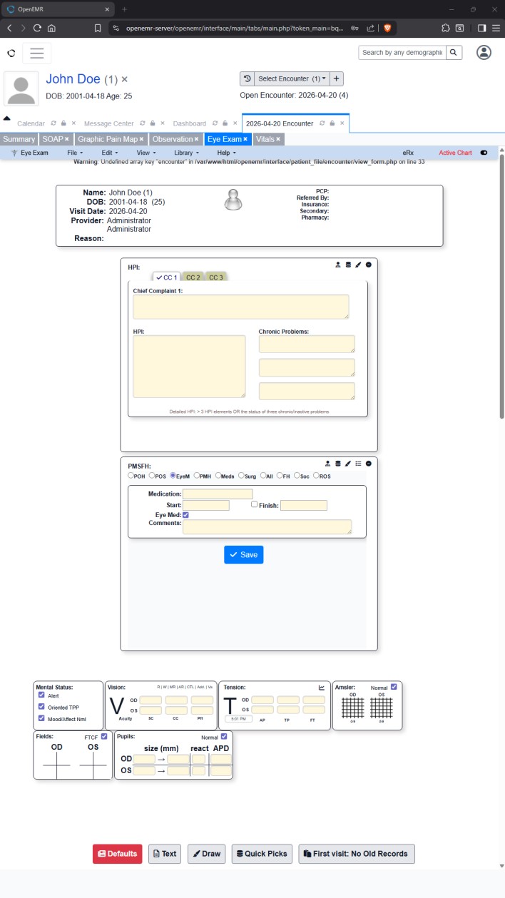 Vision form rebuilt as an OpenEMR Layout-Based Form inside an OpenEMR encounter